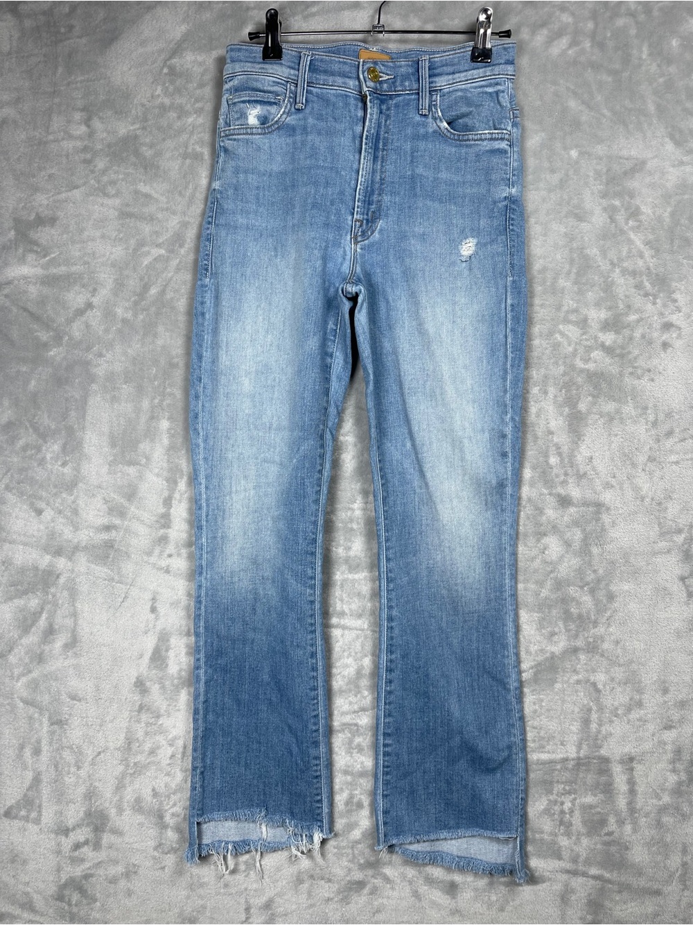 MOTHER Light Blue Cropped Straight Jeans with Raw Hem